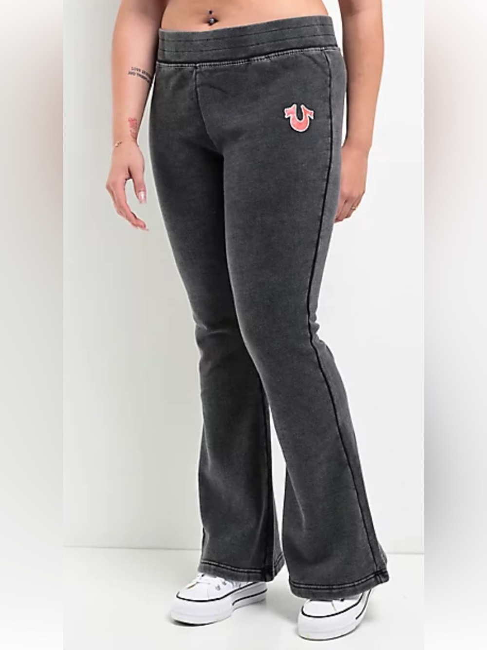True Religion Charcoal Low Rise Flare Bootcut Sweatpants with Pink Logo Patch M